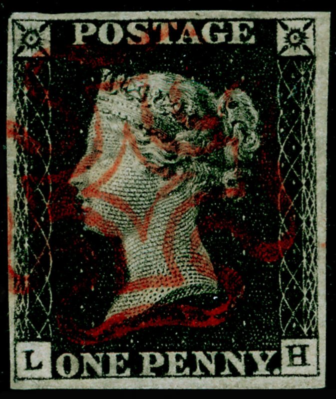 SG2, 1d black PLATE 4, FINE USED. Cat £400. RED MX. 4 MARGINS. LH