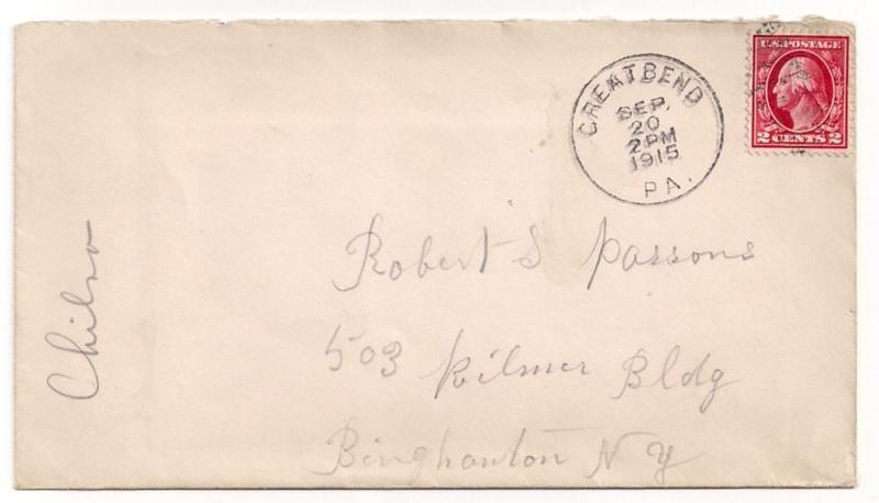 #406 on cover Great Bend PA 1915 pmk Susquehanna Cty content