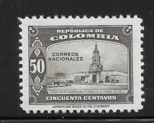 Colombia Scott 523 Unused LHOG - 1945 Clock Tower in Cartagena - SCV $4.25