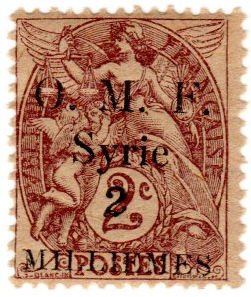 Syria Scott 22 (1920: O.M.F. Overprint; Surcharged 2m on 2c)