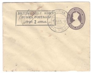 Burma 1945 1a postal envelope, boxed British Mily Admin Burma Postage 2 annas,
