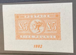 Britain Orange Five Pound £5 Postage 1882 Reproduction Souvenir Sheet MNH