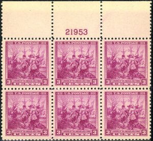 USA #836 Swedish Finnish Tercentenary 21953 Top Plate Block 3c Postage 1938 MNH 