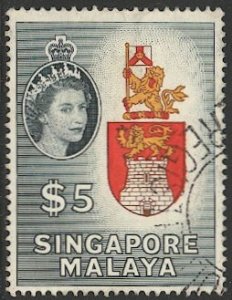 SINGAPORE 1955 Sc 42 Used VF $5 Coat of Arms, cv $9.00