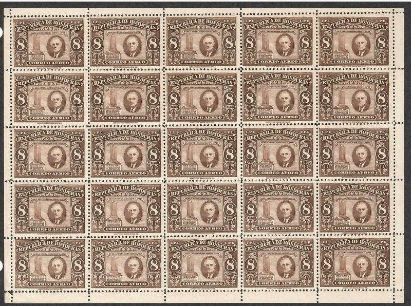 Honduras Airmail # C158 Roosevelt , FDR , F-VF OG NH Pane of 25 - I Combine S/H