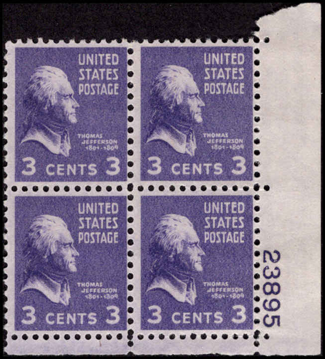 US #807 Thomas Jefferson MNH LR Plate Block #23895 Durland .50 ...