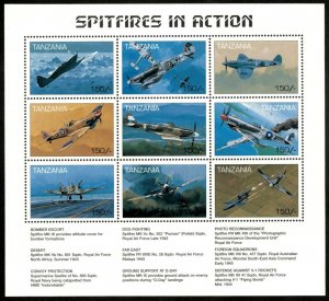 Tanzania 1997 - Spitfire Planes, Aviation - Sheet of 9 Stamps - Scott 1651 - MNH