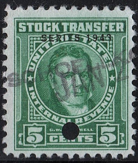 RD143 5¢ Stock Transfer Stamp (1943) Punched