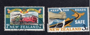 New Zealand 1963-64 3p Railway & 3p Roads, Scott 362, 365 used, value = 50c