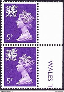 GREAT BRITAIN Wales 1971 QEII 5p Reddish Violet Vertical Pair with Side Gutte...