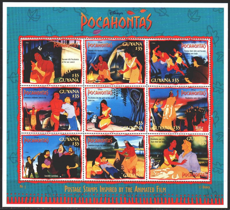 Guyana. 1995. Small sheet 5281-89. Pocahontas, Disney cartoons. MNH. 