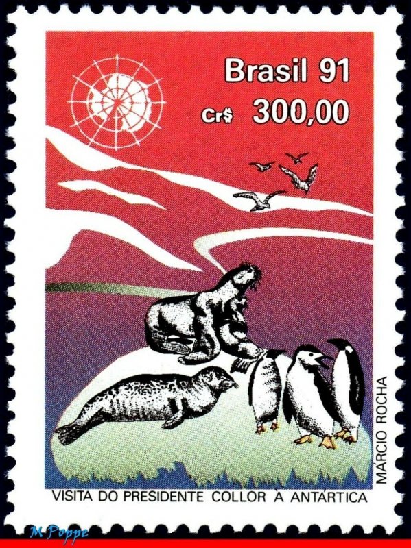 2304 BRAZIL 1991 VISIT PRESIDENT COLLOR IN ANTARCTICA, PENGUIN, MI# 2402, MNH