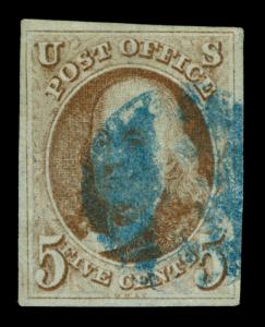 US 1847 Franklin  5c red brown, bluish paper  Scott #1 used  VF-XF  blue cancel