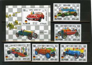 AJMAN 1971 Mi#Bl.1117-1121A, Bl.320A OLD CARS SET OF 5 STAMPS & S/S PERF.MNH