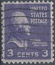 US 807 (used) 3¢ Thomas Jefferson, dp vio (1938)