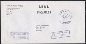 TONGA 1991 Official PO registered cover Nuku'alofa to VANUATU..............B1376