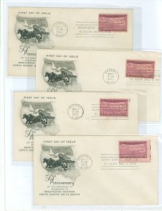 US 858 1939 3c four states/Golden jubilee (50th anniversaries) singles on four first day covers with official machine cancels an