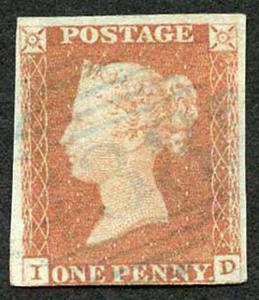 1841 Penny Red (ID) with Tullamore 438 Blue Cancel Cat 250 Pounds