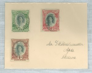 Tonga 60-62v cover to apia, samoa with nukualofa, tonga cds cancel, dd. 3 ap 24, 1/- is small hyphen variety, sg quotes from 3 x