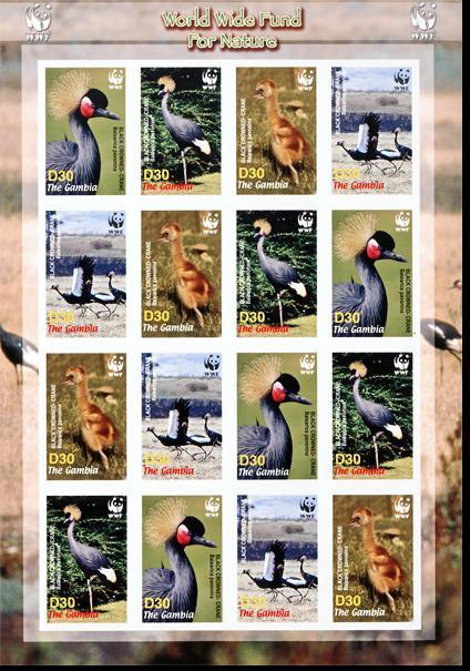 Gambia Birds WWF Black Crowned Crane Imperforated Sheetlet of 4 sets