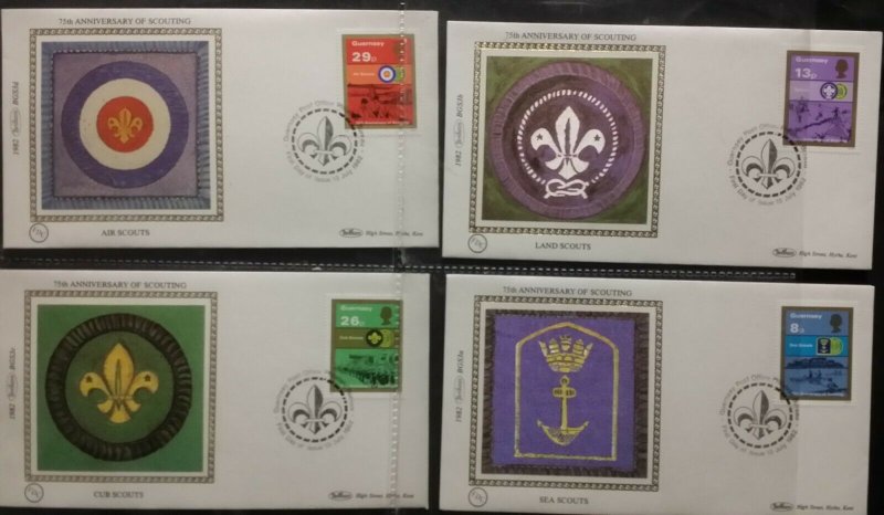 1982 Guernsey Anni Boy Scouts Cub Air Sea Land Scouts Benham FDC BGS3a-d  