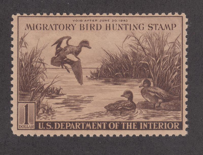 US Sc RW9 MNH. 1942 $1 Baldpates Duck Stamp, F-VF