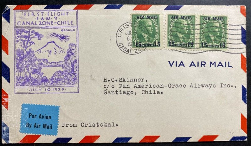 1929 Cristobal Canal Zone First Flight Airmail Cover FFC To Santiago Chile 