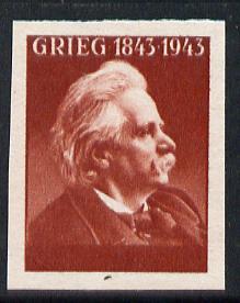 Norway 1943 Grieg imperf proof in red, value & Countr...