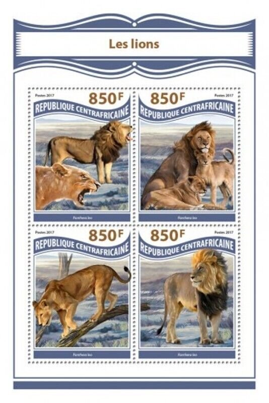 Central Africa - 2017 Lions - 4 Stamp Sheet - CA17812a