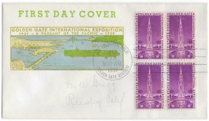 1939 FDC, #852, 3c Golden Gate International Exposition, M. W. Gregg, block of 4