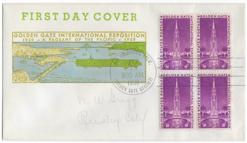 1939 FDC, #852, 3c Golden Gate International Exposition, M. W. Gregg, block of 4