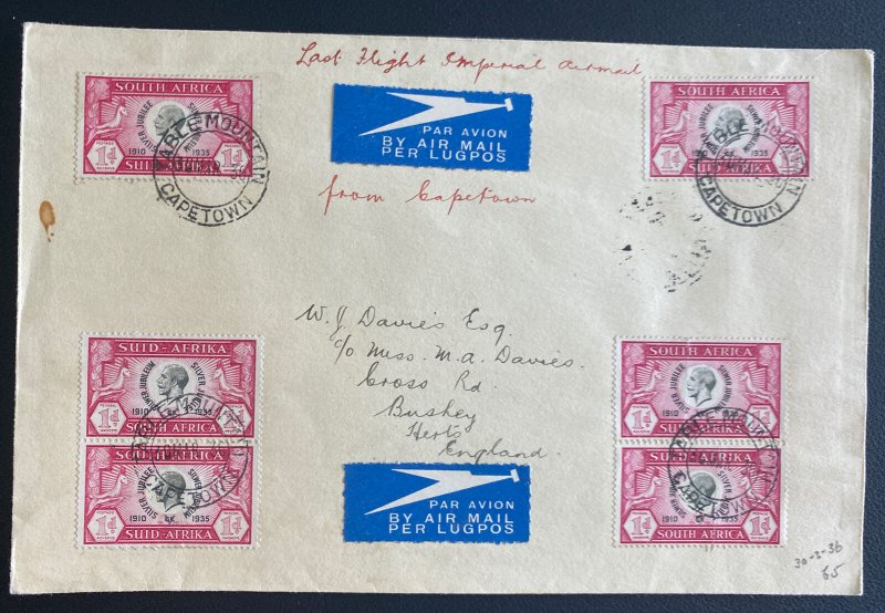 1936 Cape Town  South Africa Last Flight Airmail Cover to England