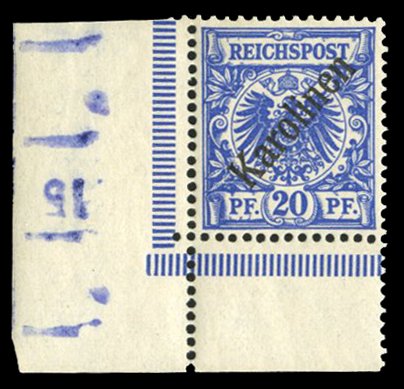 German Colonies, Caroline Islands #4a (Mi. 4I) Cat€200, 1899 20pf ultramari...