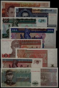 Burma 9 unc. banknotes
