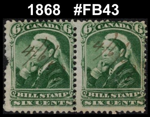 CANADA REVENUE 1868 QUEEN VICTORIA PAIR 6c #FB43 THIRD BILL STAMP ISSUE SEE SCAN