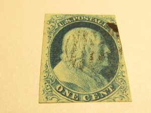 US Stamps, Scott #9 USED,1 Cent Franklin type IV Used, w/R.Doporto Certification