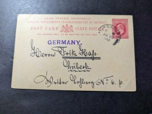 1910 British Straits Settlements Postcard Cover Singapore to Germany