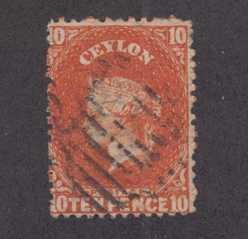 Ceylon SG 70bx used 1867 10p red orange Queen Victoria, watermark 6 reversed