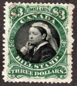 FB54, van Dam, $3, green + black centre, p12, Canada Third Issue Federal Bill St