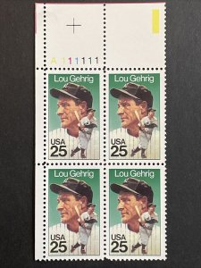 Scott # 2417 25-cent Lou Gehrig Stamp, MNH Plate Block 4