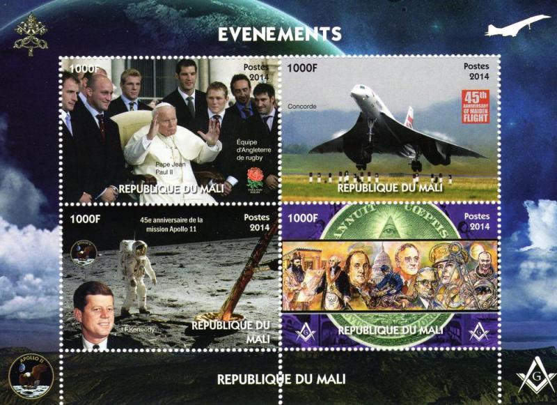 Mali 2014 Freemasonry-Kennedy-Concorde-Rugby/Space/Pope John-Paul II Shlt Perf