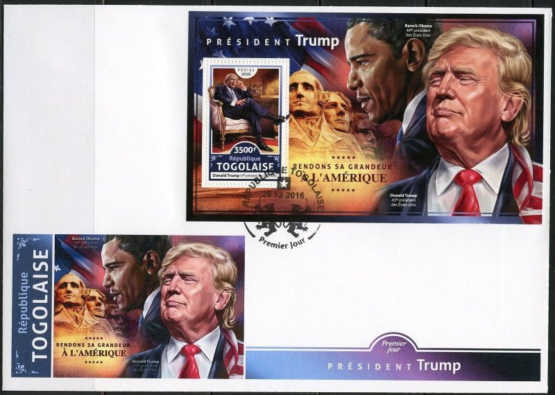 TOGO 2017 PRESIDENT TRUMP  MT. RUSHMORE & BARACK OBAMA SOUVENIR SHEET FDC