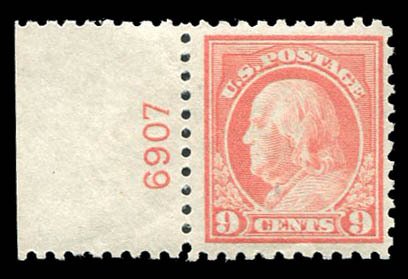 United States, 1910-30 #471 Cat$125, 1916 9c salmon red, left margin plate nu...