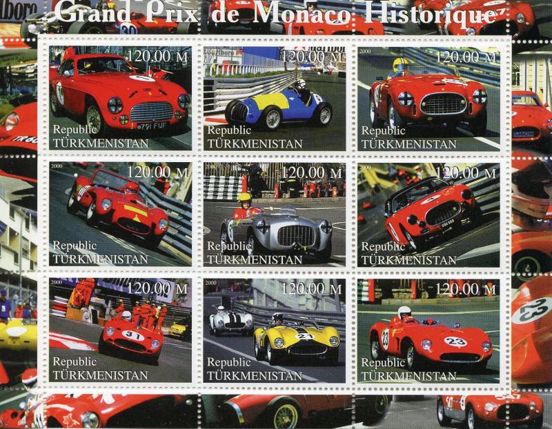 Turkmenistan Cars Stamps 2000 MNH Grand Prix GP of Monaco F1 Formula 1 9v M/S