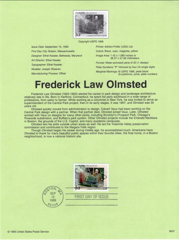 US SP1323 Frederick Law Olmsted 3338 Souvenir Page FDC