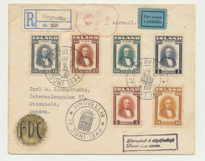 GREENLAND 1944 SIGURDSSON SET ON CENSORED FIRST DAY COVER SC#246-51  (SEE BELOW)