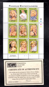 GAMBIA #1398 1993 MARILYN MONROE MINT VF NH O.G SHEET 9 W/CERTIFICATE