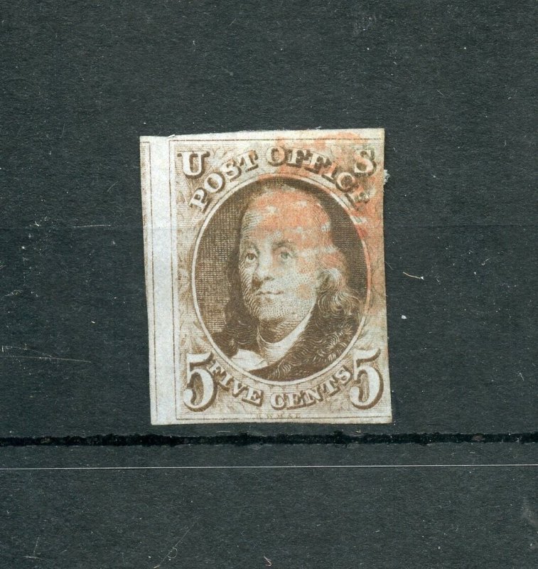 UNITED STATES 1c FRANKLIN SCOTT#1 THREE MARGIN COPY RED CANCEL EXTRA WIDE LEFT