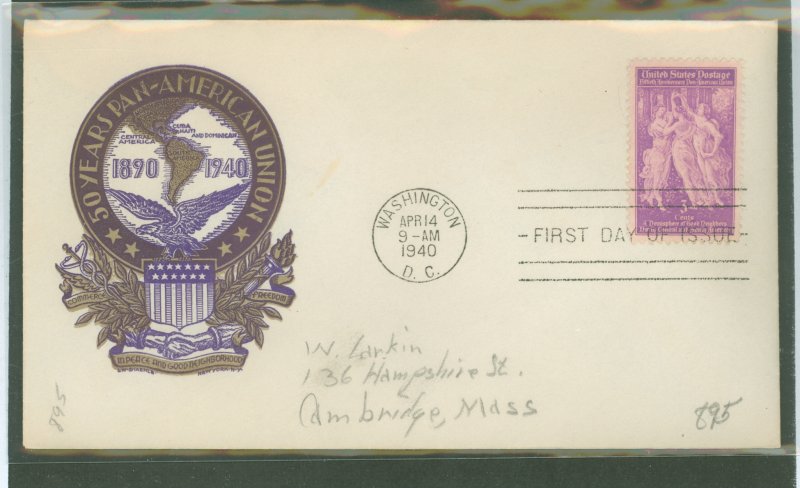 US 895 1940 3c fifthieth anniversary of the pan american union (single) on an addressed FDC with a Staele cachet