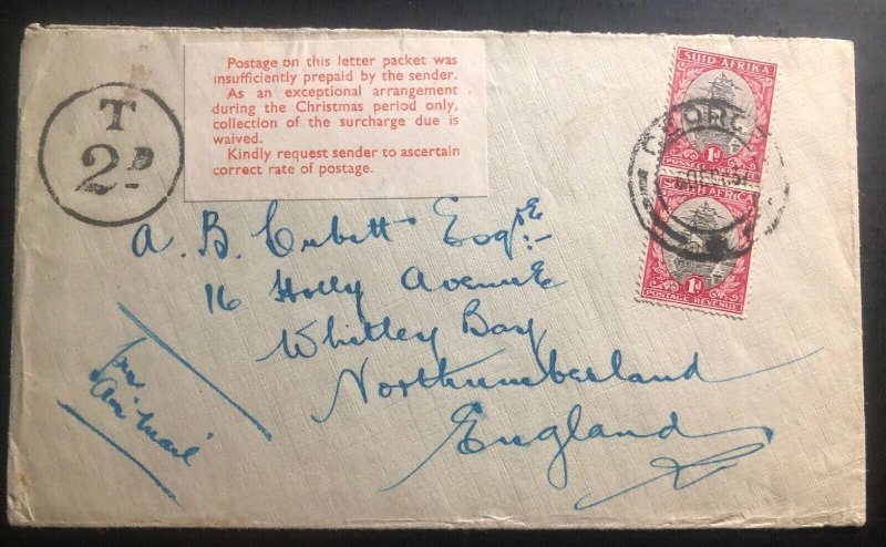 1937 George South Africa Christmas Concession Label Cover To Whitley Bay England